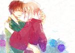  alternate_hairstyle axis_powers_hetalia brown_hair closed_eyes flower france_(hetalia) highres hug hydrangea japanese_clothes kimono male_focus multiple_boys ponytail soono_(rlagpfl) spain_(hetalia) tears yaoi yukata 