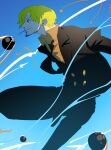  1boy black_suit blonde_hair blue_sky cannonball cigarette collared_shirt curly_eyebrows facial_hair flying goatee hashtag-only_commentary highres looking_ahead male_focus mrjieshisu mustache one_piece orange_shirt sanji_(one_piece) shirt short_hair sky smile solo suit 
