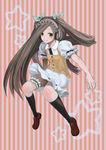  bad_id bad_pixiv_id brown_hair face green_eyes hair_ribbon headphones jumping kneehighs leg_garter legs long_hair ocaca_(chocolate-hopper) original ribbon skirt socks solo twintails 