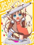  ahoge animal_ears blonde_hair blue_eyes chibi chisa_(kuroneko_liger) drawing_tablet kuroneko_liger long_hair necktie original solo striped stylus tail very_long_hair 