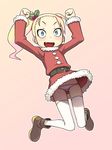  blonde_hair blue_eyes christmas fang highres hijiri_rei jumping looking_at_viewer lowleg lowleg_panties open_mouth original outline panties pantyshot pink_background santa_costume self-portrait solo thighhighs underwear white_legwear 