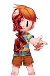  1boy amputee blood blood_on_clothes blood_on_face brain brown_shorts claus_(mother_3) commentary_request deep_wound dismemberment exposed_bone exposed_brain exposed_muscle facing_viewer finger_gun guro highres injury looking_ahead male_focus mother_(series) mother_3 mutilation orange_hair outstretched_arm shirt shorts skull smile striped_clothes striped_shirt suno_(imydream) white_background 