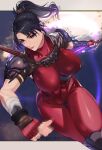  1girl absurdres arm_guards armor black_hair bodysuit breasts brown_eyes closed_mouth commentary_request covered_nipples fingerless_gloves gloves glowing glowing_sword glowing_weapon hand_tattoo highres impossible_bodysuit impossible_clothes kagematsuri kodachi motion_blur ninja ponytail red_bodysuit short_sword shoulder_armor skin_tight sleeveless sleeveless_bodysuit solo soulcalibur sword taki_(soulcalibur) tattoo toned toned_female weapon 