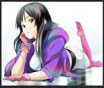  akiyama_mio bad_id bad_pixiv_id black_eyes black_hair chin_rest foreshortening gloves hood hoodie jewelry k-on! leg_up long_hair lying no_shoes no_thank_you! nuezou on_stomach pantyhose pink_legwear solo 