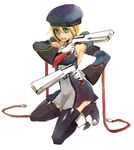  bad_id bad_pixiv_id beret blazblue blonde_hair blue_footwear bolverk boots detached_sleeves dual_wielding gloves green_eyes gun handgun hat holding kneeling komiyan noel_vermillion solo thighhighs weapon white_gloves 