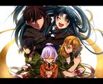  3girls bad_id bad_pixiv_id blonde_hair blood blue_eyes blue_hair braid brown_eyes brown_hair chidori_kaname full_metal_panic! gun happy highres kurz_weber long_hair melissa_mao military military_uniform multiple_boys multiple_girls ribbon sagara_sousuke school_uniform sennen_suisei short_hair silver_hair single_braid teletha_testarossa uniform weapon 