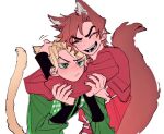  2boys ^_^ animal_ear_fluff animal_ears animification arms_around_neck blonde_hair blush brown_hair cat_boy cat_ears cat_tail closed_eyes commentary_request dougi fox_boy fox_ears fox_tail green_dougi green_eyes haaa_om007ls half-closed_eye hand_on_another's_head hands_on_another's_arm kai_(ninjago) kemonomimi_mode korean_commentary lloyd_garmadon long_sleeves looking_at_another male_focus multiple_boys ninjago one_eye_closed open_mouth petting raised_eyebrow red_dougi red_eyes short_hair simple_background smile tail upper_body white_background 