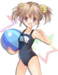 ball beachball brown_eyes brown_hair ebibibibibi fang highres long_hair name_tag one-piece_swimsuit original school_swimsuit solo swimsuit twintails 