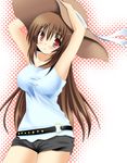  armpits belt brown_hair casual halftone halftone_background hands_on_headwear hands_up hat highres long_hair original paradise_king red_eyes shirt short_shorts shorts solo taut_clothes taut_shirt very_long_hair 