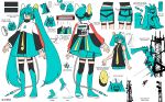  1girl ahoge armlet bandaid bandaid_on_face bandaid_on_nose blue_eyes blue_hair boots cable cable_tail color_guide commentary concept_art copyright_notice covered_mouth english_commentary english_text full_body hair_ornament hairclip hatsune_miku hatsune_miku_expo high_collar highres jacket jewelry long_hair long_sleeves looking_to_the_side mechanical_tail multiple_views necktie radio_tower reference_sheet rice_deity ringed_eyes shirt shorts sleeveless sleeveless_shirt tail thigh_boots thigh_strap turnaround twintails very_long_hair vocaloid 