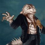 2013 5_fingers accessory anthro black_bottomwear black_clothing black_pants black_suit blue_background bottomwear brown_body brown_scales claws clothed clothed_anthro clothed_male clothing deriaz dewlap_(anatomy) digital_drawing_(artwork) digital_media_(artwork) finger_claws fingers front_view furgonomics green_eyes iguana iguanid lizard looking_at_viewer male mouth_closed open_clothing open_suit open_topwear pants portrait pupils reptile scales scalie simple_background solo spiked_tail spikes spikes_(anatomy) suit tail tail_accessory tailband three-quarter_portrait topwear white_body white_scales white_sclera white_spikes