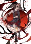  1girl absurdres black_shoes black_socks blood blood_from_eyes blue_shirt blue_skirt brown_hair commentary_request copyright_name eye_mask flower grey_sailor_collar hana_(h6n6_matsu) highres loafers mask midriff mismatched_arms monster_arm neckerchief pleated_skirt red_flower red_neckerchief sailor_collar shimizu_hinako shirt shoes short_hair silent_hill_(series) silent_hill_f simple_background skirt socks solo spider_lily spoilers torn_clothes torn_skirt white_background yellow_eyes 