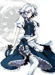  apron between_fingers black_gloves blue_eyes braid eyelashes gloves hong_(white_spider) izayoi_sakuya knife lace lace-trimmed_thighhighs looking_at_viewer maid maid_headdress roman_numerals short_hair silver_hair smile solo thigh_strap thighhighs touhou twin_braids waist_apron white_legwear 