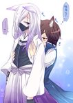  animal_ears brown_hair cat_ears date_masamune_(sengoku_basara) eyepatch hug hug_from_behind long_hair male_focus multiple_boys sagami_rin sengoku_basara tenkai_(sengoku_basara) white_hair yaoi yellow_eyes 