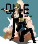  2boys absurdres black_shoes black_suit blonde_hair blue_shirt collared_shirt commentary copyright_name curly_eyebrows earrings green_hair gun hashtag-only_commentary highres holding holding_gun holding_weapon jewelry male_focus mrjieshisu multiple_boys on_one_knee one_piece roronoa_zoro sanji_(one_piece) shirt shoes short_hair sideburns smoke suit symbol-only_commentary twitter_username weapon white_shirt 