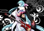  aqua_eyes aqua_hair bare_shoulders egasumi fan folding_fan from_behind guitar hatsune_miku highres instrument japanese_clothes kimono long_hair looking_back obi sash solo twintails very_long_hair vocaloid yuuki_kira 