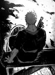  1boy back earrings greyscale hashtag-only_commentary holding holding_sword holding_weapon japanese_clothes jewelry kimono male_focus monochrome mrjieshisu one_piece roronoa_zoro sash short_hair sitting solo sword weapon 