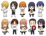  5girls :d :o ^_^ atsu_takashi black_hair blonde_hair blue_eyes blue_hair brown_eyes brown_hair chibi closed_eyes everyone glasses hair_over_one_eye inami_mahiru matsumoto_maya multiple_boys multiple_girls open_mouth orange_hair otoko_no_ko otoo_hyougo pantyhose purple_eyes purple_hair red-framed_eyewear satou_jun semi-rimless_eyewear shirafuji_kyouko smile souma_hiroomi takanashi_kotori takanashi_souta todoroki_yachiyo under-rim_eyewear working!! yamada_aoi 