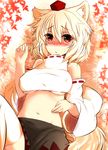  animal_ears blush breasts detached_sleeves hat inubashiri_momiji medium_breasts navel red_eyes roki_(hirokix) short_hair solo tail tokin_hat touhou underboob white_hair wolf_ears wolf_tail 