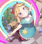  1girl animal-themed_footwear aqua_dress blue_eyes blush breasts dress facial_mark fake_horns hair_behind_ear hairband heart heart_cheeks heart_facial_mark highres holding holding_wand horn_hairband horns indoors lilo_&amp;_stitch locker looking_at_viewer magical_girl marking_on_cheek markings_on_cheeks pantyhose rabbit rainbow red_hairband royal_magic_wand_(svtfoe) seuhyo99 small_breasts smile solo star_butterfly star_vs_the_forces_of_evil star_wand stitch_(lilo_&amp;_stitch) striped_clothes striped_pantyhose symbol-shaped_pupils teeth wand winged_wand 