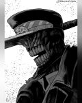  1boy chainsaw_man coat commentary greyscale hat highres instagram_username katana_man_(chainsaw_man) male_focus monochrome monster_boy pillarboxed portrait profile seveninks solo torn_clothes 