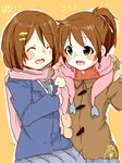  blush_stickers brown_eyes brown_hair closed_eyes coat hirasawa_ui hirasawa_yui k-on! mittens multiple_girls natsu_(norari_kurari) ponytail scarf school_uniform short_hair siblings sisters winter_clothes winter_coat 