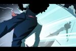  1boy afro ascot black_hair brook_(one_piece) coat hashtag-only_commentary high_collar highres holding holding_sword holding_weapon letterboxed male_focus mrjieshisu multicolored_coat one_piece red_ascot reflection skeleton solo sword two-tone_coat weapon 