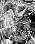  1boy back_spikes commentary_request emphasis_lines greyscale hatching_(texture) hibino_kafka hibino_kafka_(kaiju_form) highres instagram_username kaijuu_no._8 male_focus monochrome monster_boy muscular muscular_male open_mouth pillarboxed punching seveninks solo spanish_commentary spikes 