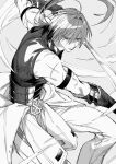  1boy closed_mouth commentary_request expressionless fate/grand_order fate_(series) gauntlets greyscale hair_between_eyes harada_sanosuke_(fate) highres holding holding_sword holding_weapon long_hair looking_at_viewer male_focus monochrome pants ponytail shirt sleeveless sleeveless_shirt solo sword uni_(nico02) weapon 