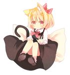  animal_ears blonde_hair bow cat_ears cat_tail hair_bow kemonomimi_mode no_nose red_eyes rowtan rumia short_hair smile solo tail touhou waving 