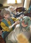  3girls :3 absurdres aged_up aqua_hair bang_dream! bang_dream!_it's_mygo!!!!! blue_eyes brown_eyes cat chinese_commentary closed_mouth commentary_request cutting_hair grey_eyes grey_hair grey_pants hair_ornament hairclip hero45439083942 heterochromia highres indoors kaname_raana light_particles long_hair low_side_ponytail midriff_peek mother_and_daughter multiple_girls original pants science_babies shirt sitting sweatdrop takamatsu_shizuku takamatsu_tomori tank_top white_hair white_tank_top yellow_shirt 