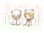  1girl animal_hat barefoot blonde_hair blush brother_and_sister chibi covering_face hair_ornament hairclip hat kagamine_len kagamine_rin necktie o_o parody ribbon short_hair siblings tamara toeto_(vocaloid) twins vocaloid yellow_neckwear 