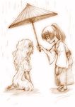  1girl brown holding holding_umbrella japanese_clothes long_hair macross macross_frontier monochrome oriental_umbrella parasol saotome_alto shared_umbrella sheryl_nome shou_fuji sketch umbrella 