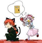  animal_ears braid cat_ears cat_tail have_to_pee kaenbyou_rin komeiji_satori multiple_girls multiple_tails seki_(red_shine) squatting tail touhou 