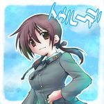  border brown_eyes brown_hair buttons coat gertrud_barkhorn kajikawa_yahiro long_sleeves looking_at_viewer low_twintails lowres short_hair solo strike_witches text_focus translated twintails uniform world_witches_series 