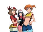  bandana breasts haruka_(pokemon) hat highres hikari_(pokemon) kakkii kasumi_(pokemon) medium_breasts midriff multiple_girls navel pokemon side_ponytail small_breasts underboob 