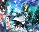  ahoge bare_shoulders blurry depth_of_field detached_sleeves flower forest from_below green_eyes green_hair kochiya_sanae leaf long_hair looking_back nature petals shino_(eefy) solo torii touhou tree wind 