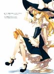  arm_up blonde_hair braid broom broom_riding colored_eyelashes crossed_legs eyelashes hand_on_headwear hat highres kirisame_marisa long_hair non-web_source shingo_(missing_link) sitting solo touhou translated witch_hat yellow_eyes 