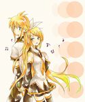  1girl alternate_hairstyle ama_(pixiv) blonde_hair brother_and_sister detached_sleeves green_eyes hair_ornament hair_ribbon hairclip kagamine_len kagamine_rin long_hair musical_note ribbon siblings skirt thighhighs twins very_long_hair vocaloid zettai_ryouiki 