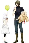  1girl artist_request balloon couple dress flat_chest food full_body gundam gundam_00 hallelujah_haptism height_difference hetero ice_cream long_hair silver_hair simple_background soma_peries standing stuffed_animal stuffed_toy teddy_bear white_background 