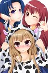  \m/ aisaka_taiga animal_costume animal_print artist_request blue_eyes blue_hair blush brown_eyes brown_hair cow_costume cow_print highres kawashima_ami kushieda_minori long_hair multiple_girls one_eye_closed oohashi_high_school_uniform red_eyes red_hair school_uniform short_hair toradora! 