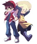  1girl baseball_cap blonde_hair boots hat holding holding_poke_ball mutsuki_riichi one_eye_closed poke_ball poke_ball_(generic) pokemon pokemon_special red_(pokemon) straw_hat tabard turtleneck yellow_(pokemon) 