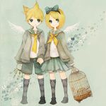  1girl :&gt; bad_id bad_pixiv_id blonde_hair blue_eyes brother_and_sister cage hair_ornament hairclip holding_hands kagamine_len kagamine_rin key necktie pechika ribbon short_hair shorts siblings skirt triangle_mouth twins vocaloid wings yellow_neckwear 