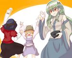  blush detached_sleeves egg frog green_hair hat kochiya_sanae long_hair monomi moriya_suwako multiple_girls touhou yasaka_kanako 