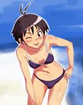  :p antenna_hair bikini black_hair blue_eyes day earrings hand_on_hip idolmaster idolmaster_(classic) idolmaster_1 jewelry kikuchi_makoto leaning_forward oku_(okumen) one_eye_closed short_hair solo swimsuit tomboy tongue tongue_out 