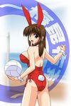  animal_ears ass bare_legs beach blue_eyes breasts brown_hair bunny_ears bunnysuit covered_nipples dead_or_alive hitomi_(doa) large_breasts long_hair looking_back non-web_source solo volleyball 
