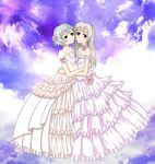  bride couple dress eila_ilmatar_juutilainen flower green_eyes hug long_hair multiple_girls purple_eyes sanya_v_litvyak short_hair strike_witches wedding_dress wife_and_wife world_witches_series yukihalbert yuri 