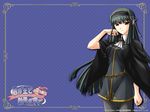  adjusting_hair ascot bangs belt black_hair black_legwear blue_background border brooch cape copyright_name dress hair_ribbon hairband high_collar jewelry kimi_ga_aruji_de_shitsuji_ga_ore_de kuonji_shinra light_smile long_hair official_art pantyhose polka_dot polka_dot_background red_eyes ribbon shironeko_sanbou shirt short_dress sidelocks smile solo standing taut_clothes taut_shirt very_long_hair wallpaper 