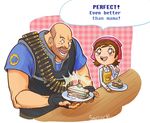 1boy 1girl :d apron bald bandolier carolina_moya cooking_mama crossover english fingerless_gloves food gameplay_mechanics gloves mama_(cooking_mama) open_mouth parody plate sandvich sandwich smile team_fortress_2 the_heavy 