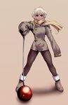  ball ball_and_chain blonde_hair boots brown_background coat eyebrows_visible_through_hair ez6 jacket legs legs_apart original oversized_clothes pantyhose red_eyes scarf short_hair simple_background sleeves_past_fingers sleeves_past_wrists standing white_hair 
